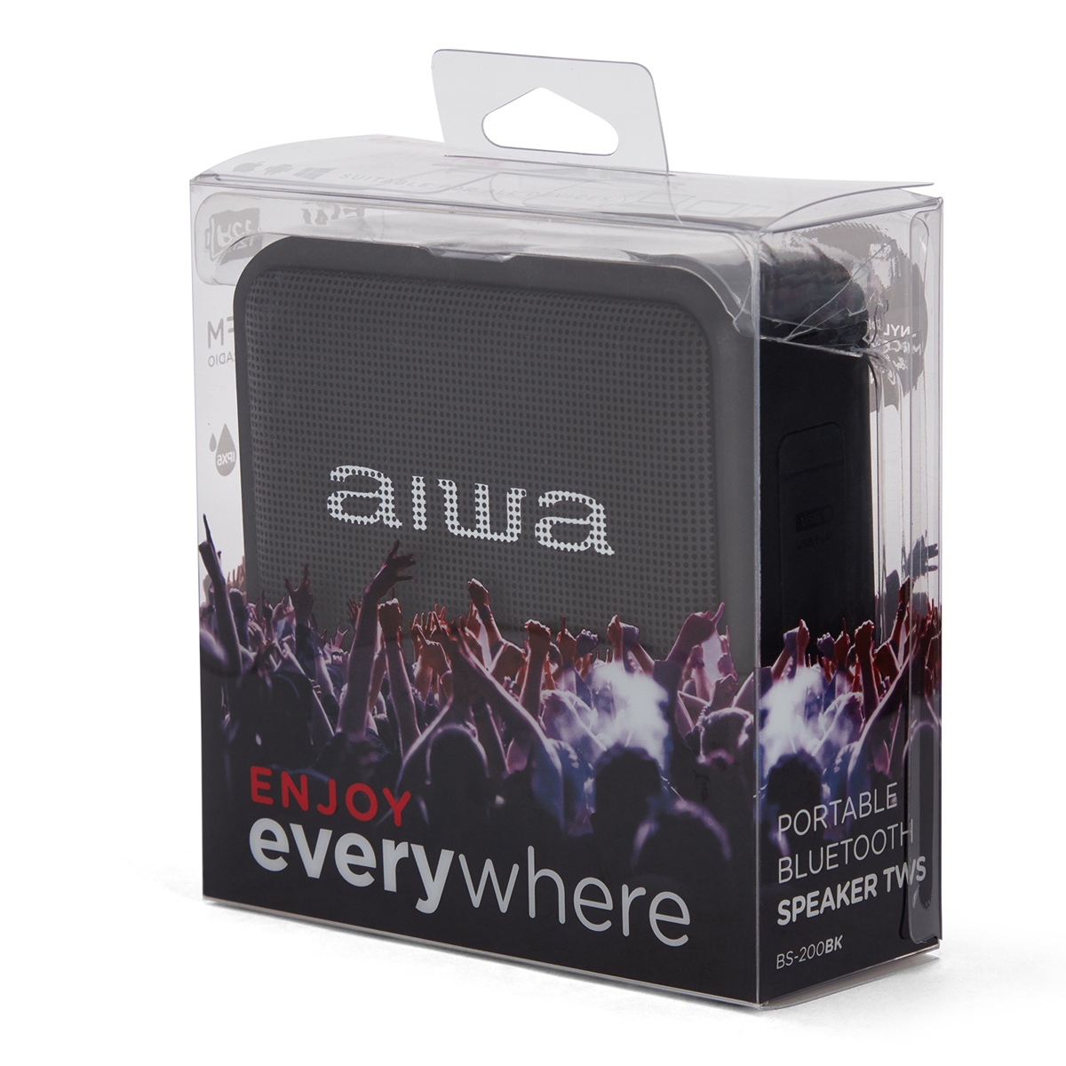 Czarny przenośny głośnik Bluetooth w przezroczystym pudełku. Głośnik ma napis 'aiwa'.