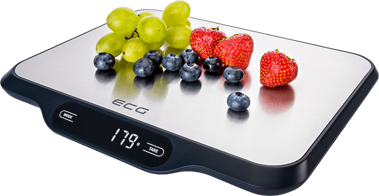 Waga z winogronami, borówkami i truskawkami, pokazująca 179g.