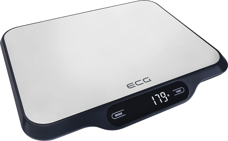 Cyfrowa waga kuchenna ze srebrnym blatem i czarną ramą. Wyświetlacz pokazuje „179”. Marka to ECG.