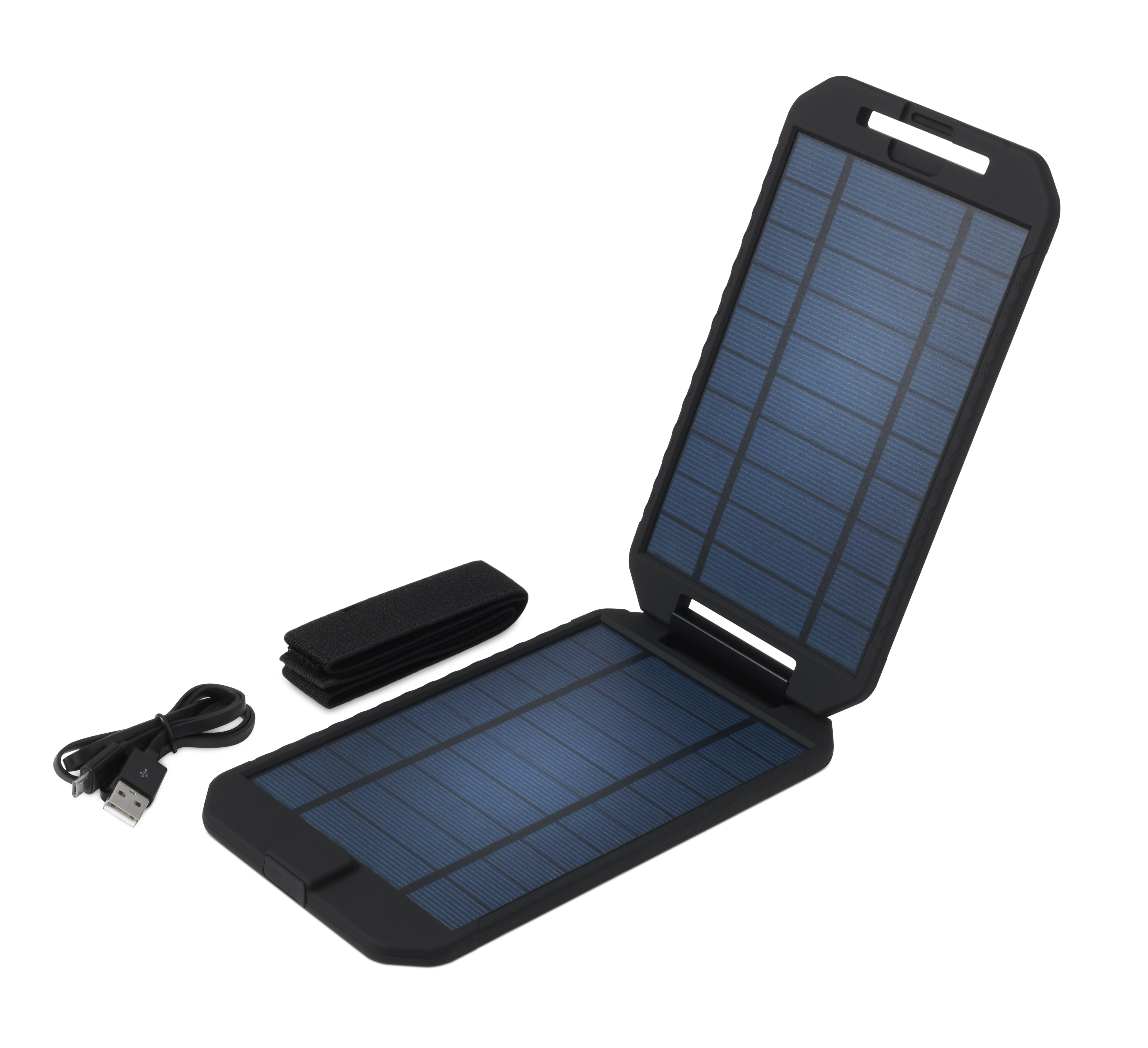 Faltbares Solar-Ladegerät, schwarz mit blauen Solarpanels, mit Riemen und USB-Kabel.