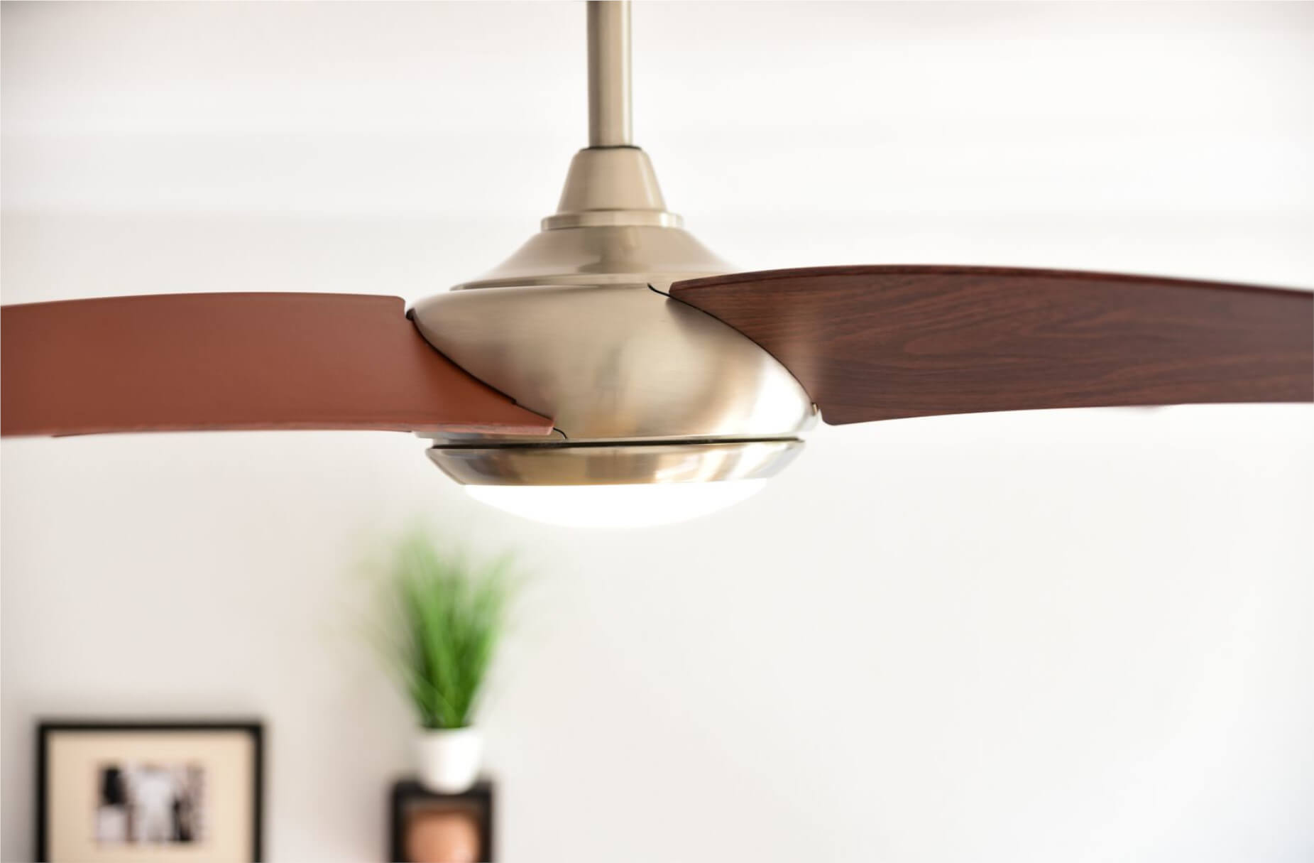 Deckenventilator mit braunen Flügeln und silbernem Motor. Eine Pflanze und ein Bilderrahmen im Hintergrund.