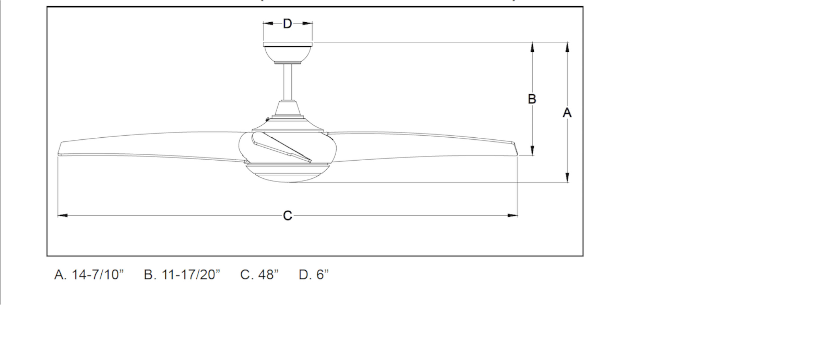 Technische Zeichnung eines Deckenventilators mit den Maßen A, B, C und D. Der Hintergrund ist weiß.