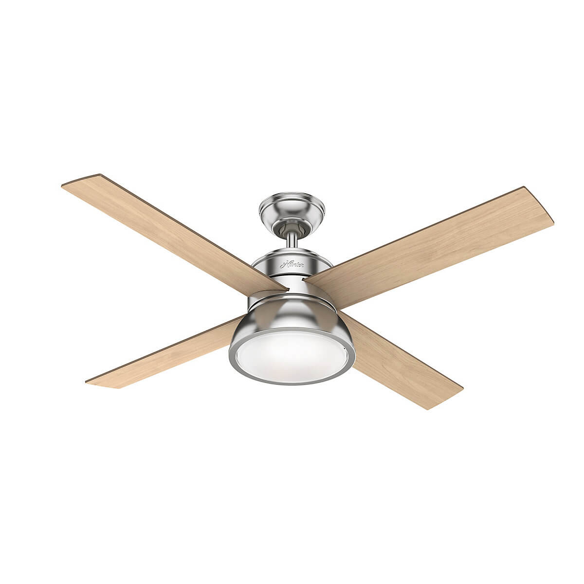 Deckenventilator mit Holzflügeln und Licht.