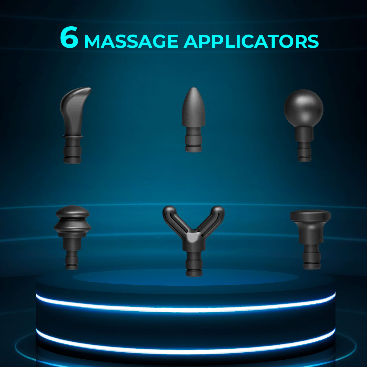 Obraz z sześcioma aplikatorami do masażu wyświetlonymi na niebieskiej platformie z tekstem powyżej.