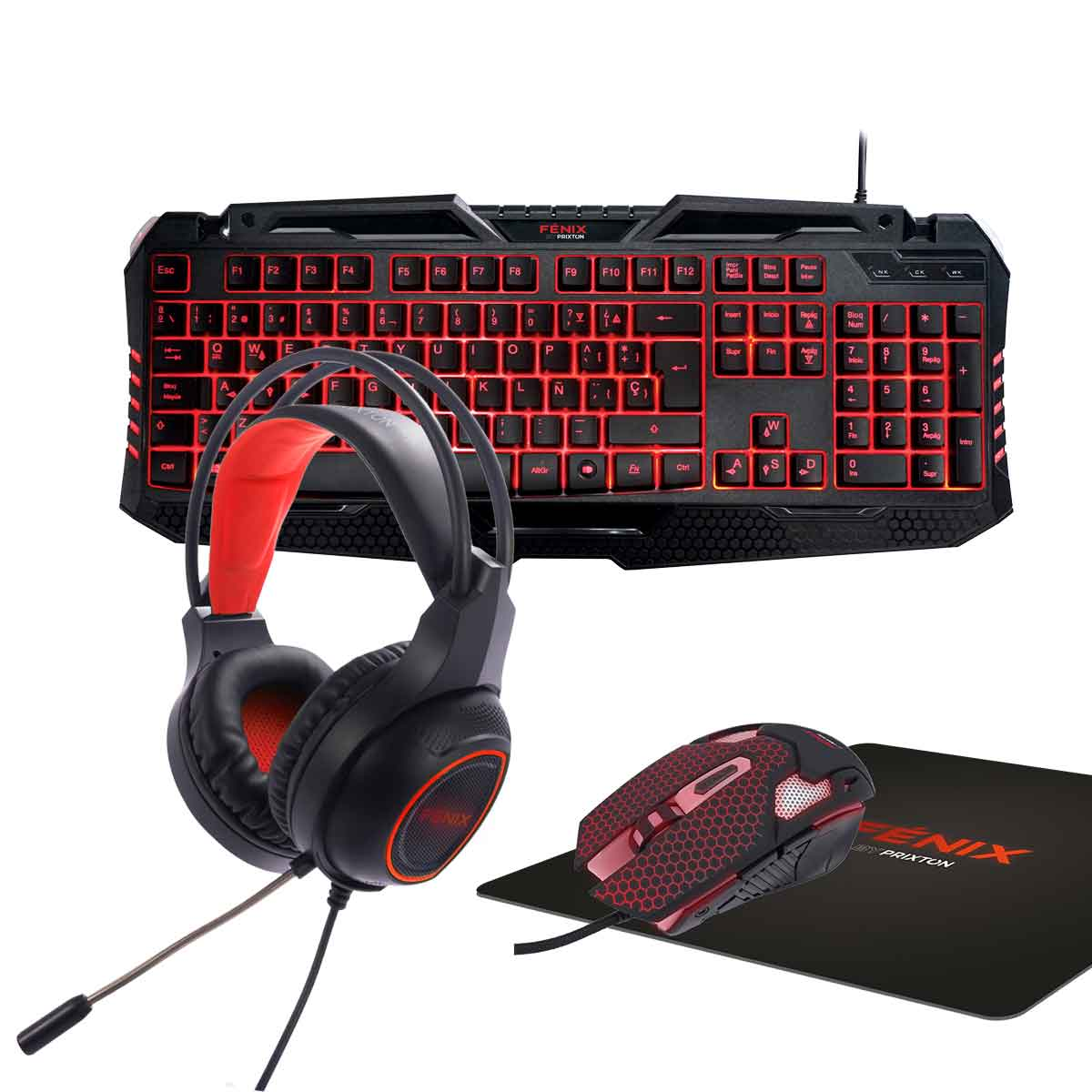 PRIXTON Gaming-Set Fenix, Spanische QWERTY Maus, Kopfhörer Black Mauspad, Tastatur, und