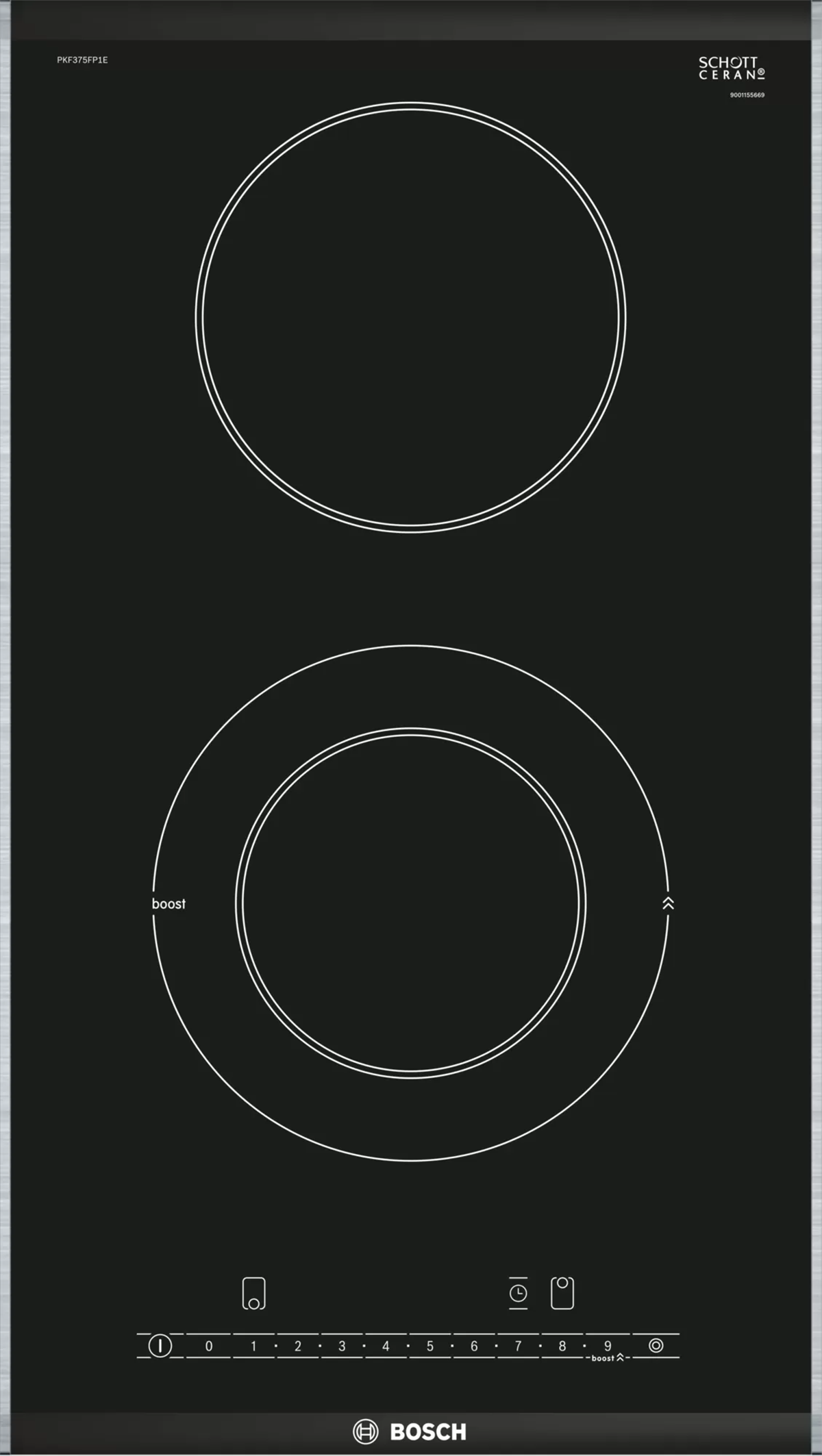 Placa de vitrocerámica - PKF375FP1E BOSCH, Eléctrica, 2 zonas, Negro