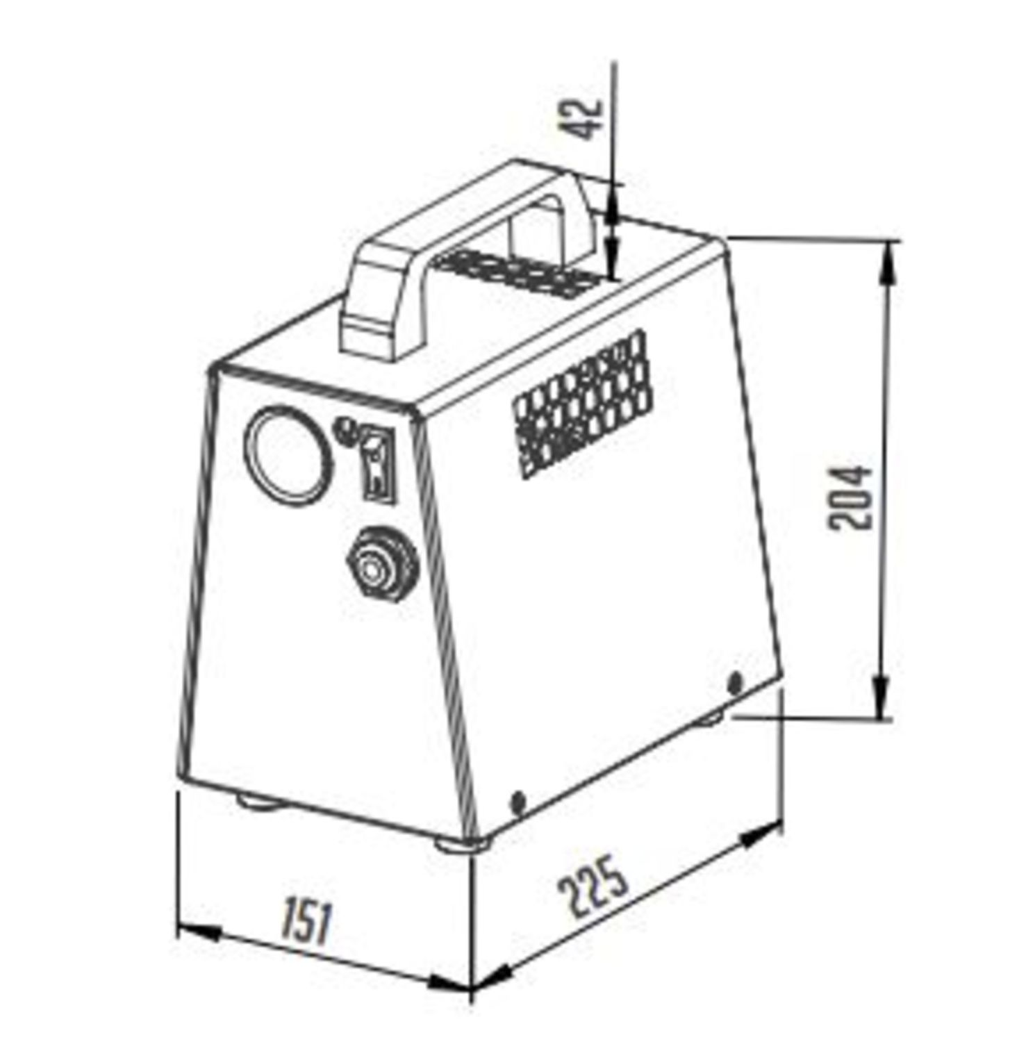 Zwart-wit diagram van een machine. Afmetingen verstrekt. Witte achtergrond.