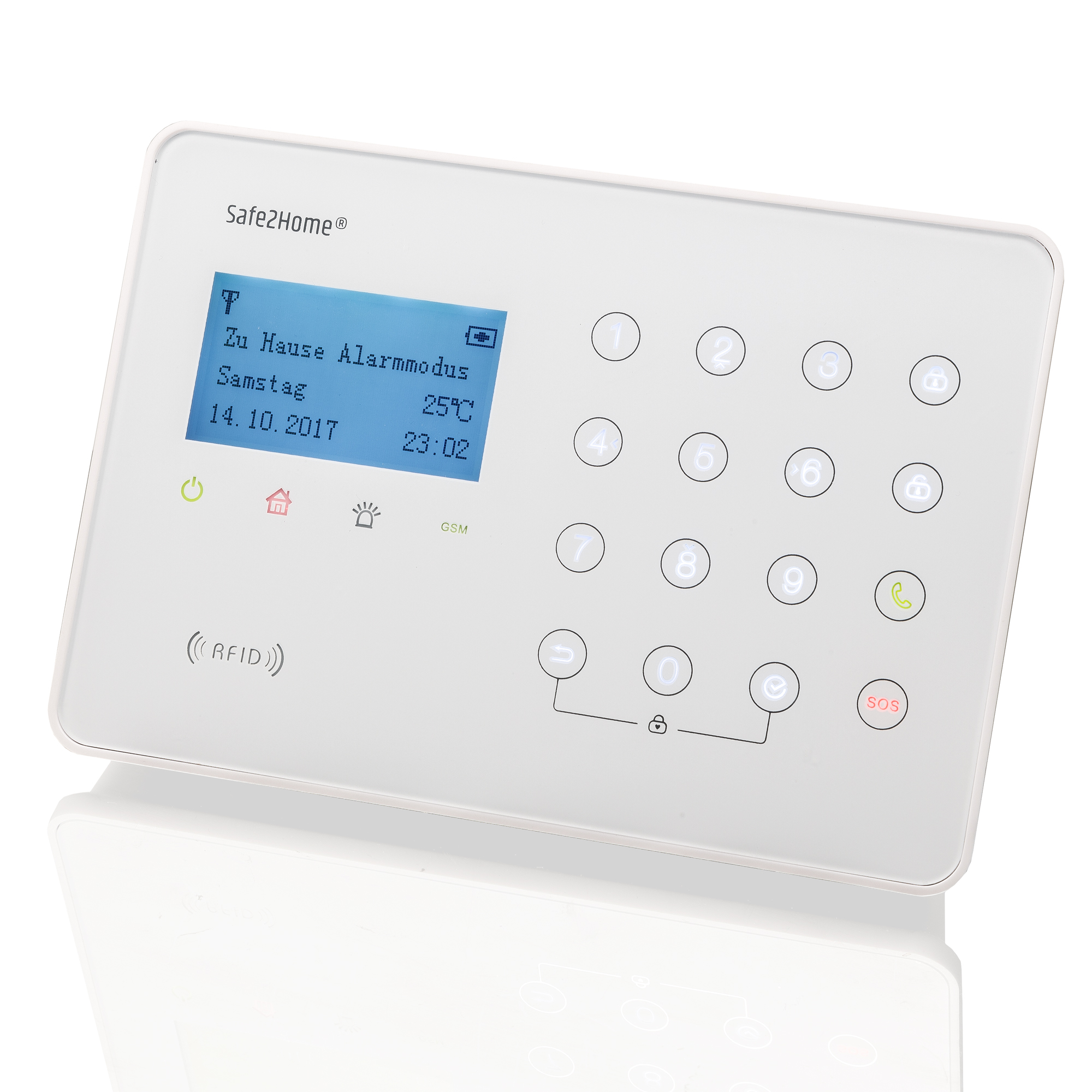 Weißes Sicherheits-System-Bedienfeld mit Display und Zifferntasten.