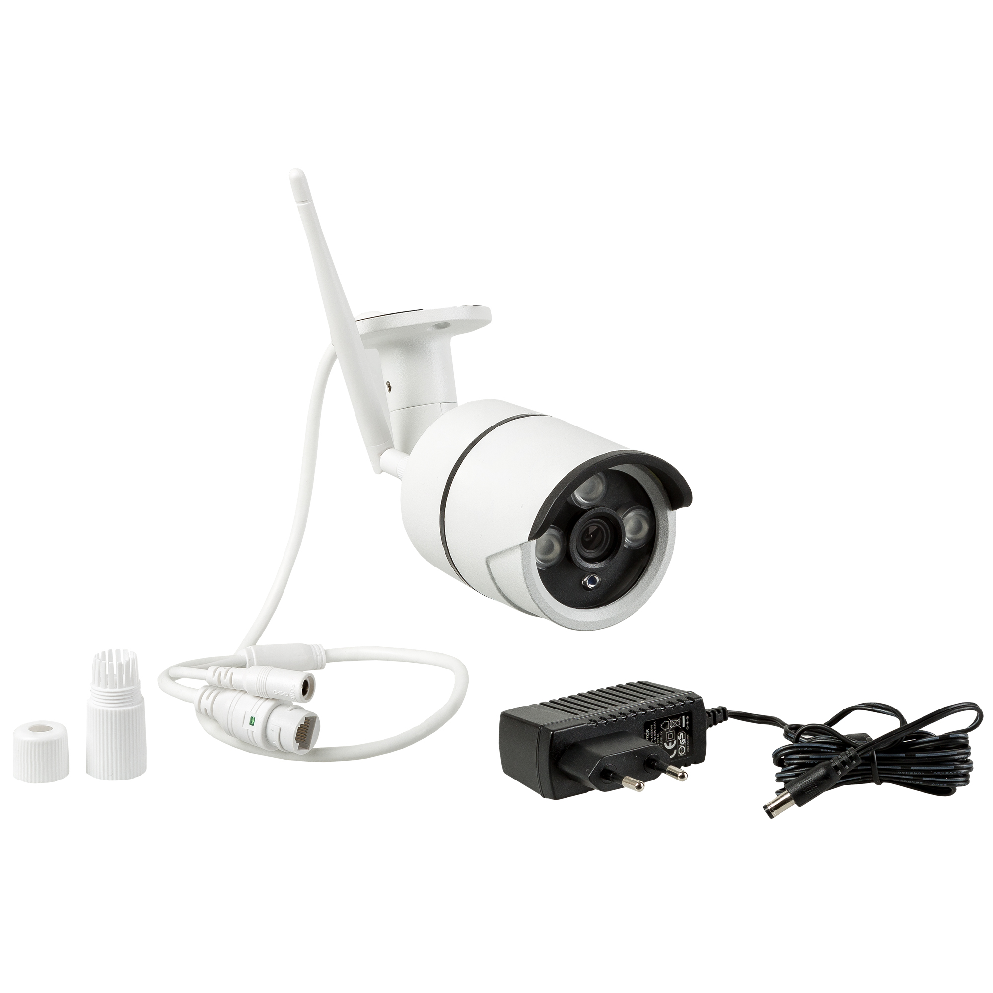 Weiße Outdoor-Überwachungskamera mit Antenne, Netzteil und Anschlusskabeln.