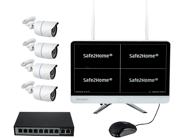 SAFE2HOME POE / Funk Überwachungskamera Set Monitor Rekorder - 8 Kanal, POE / Funk Überwachungskamera Videoüberwachung