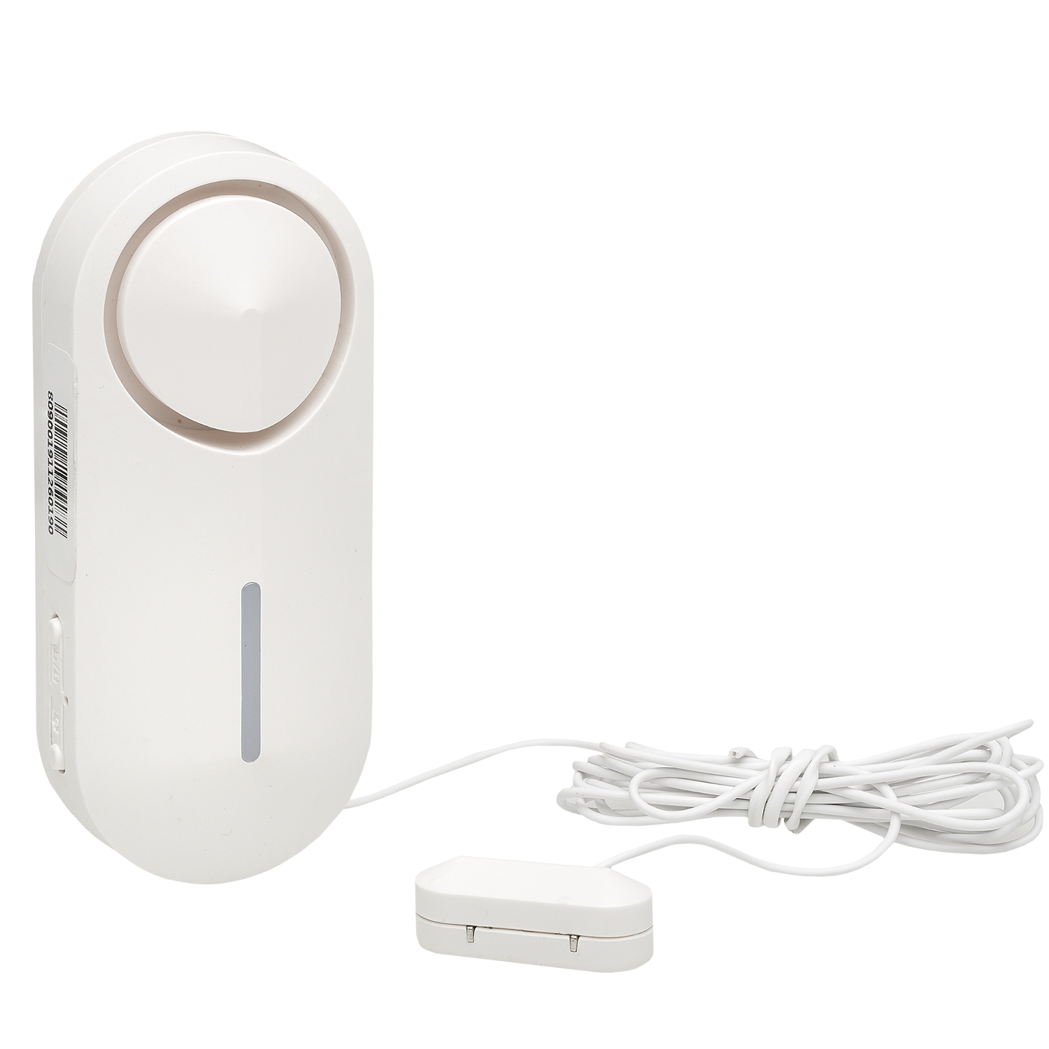 Weißes Alarmsystem. Zeigt eine abgerundete Oberseite, einen rechteckigen Körper und einen kabelgebundenen Sensor.