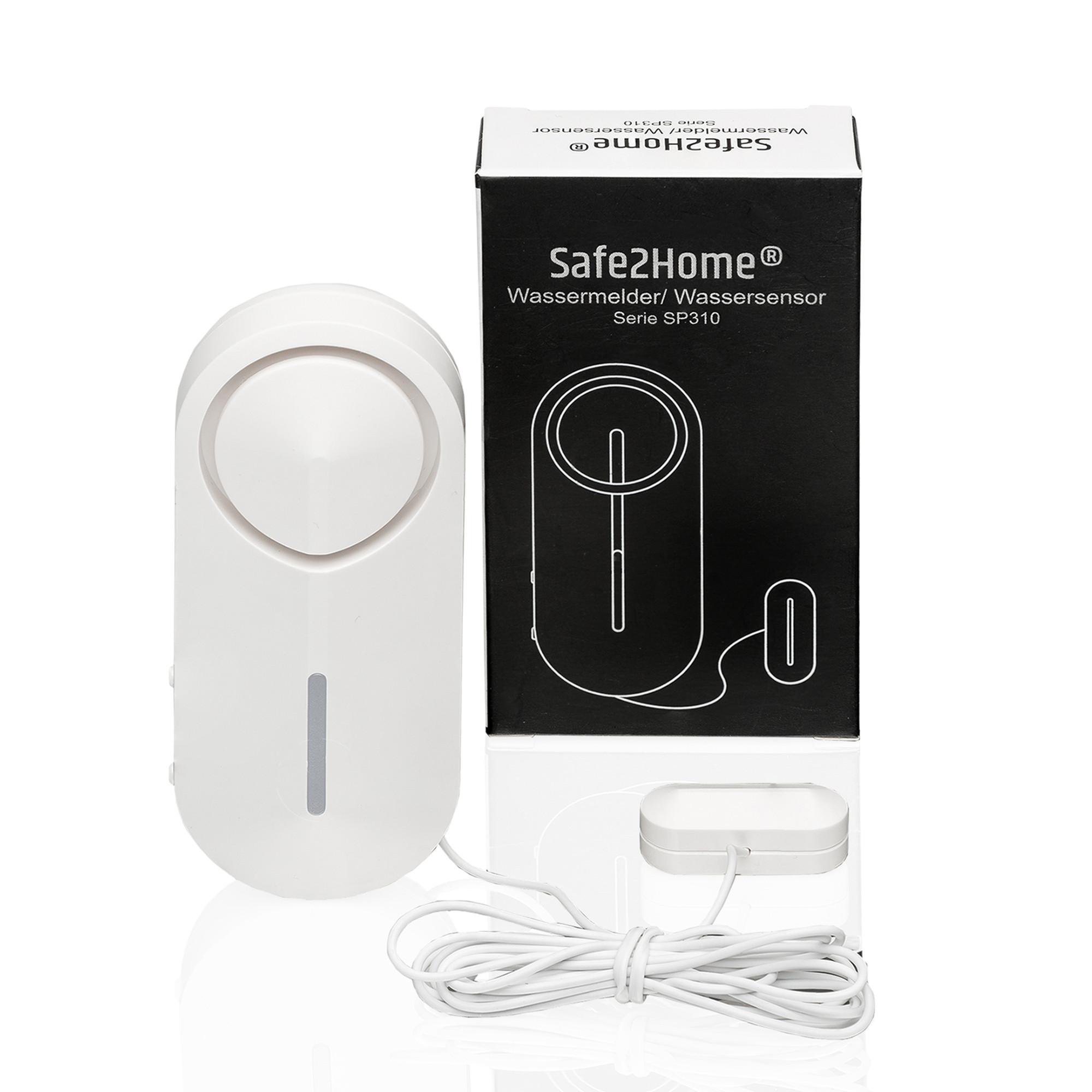 Weißer Wassersensor und eine schwarze Box mit Produktname und Details.