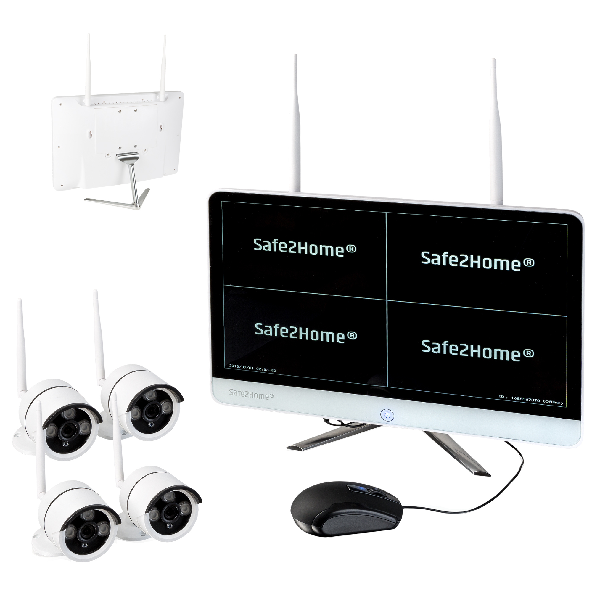 Monitor 4 HD, Cams 8 Kanal Full Set Überwachungskamera Videoüberwachung SAFE2HOME Rekorder