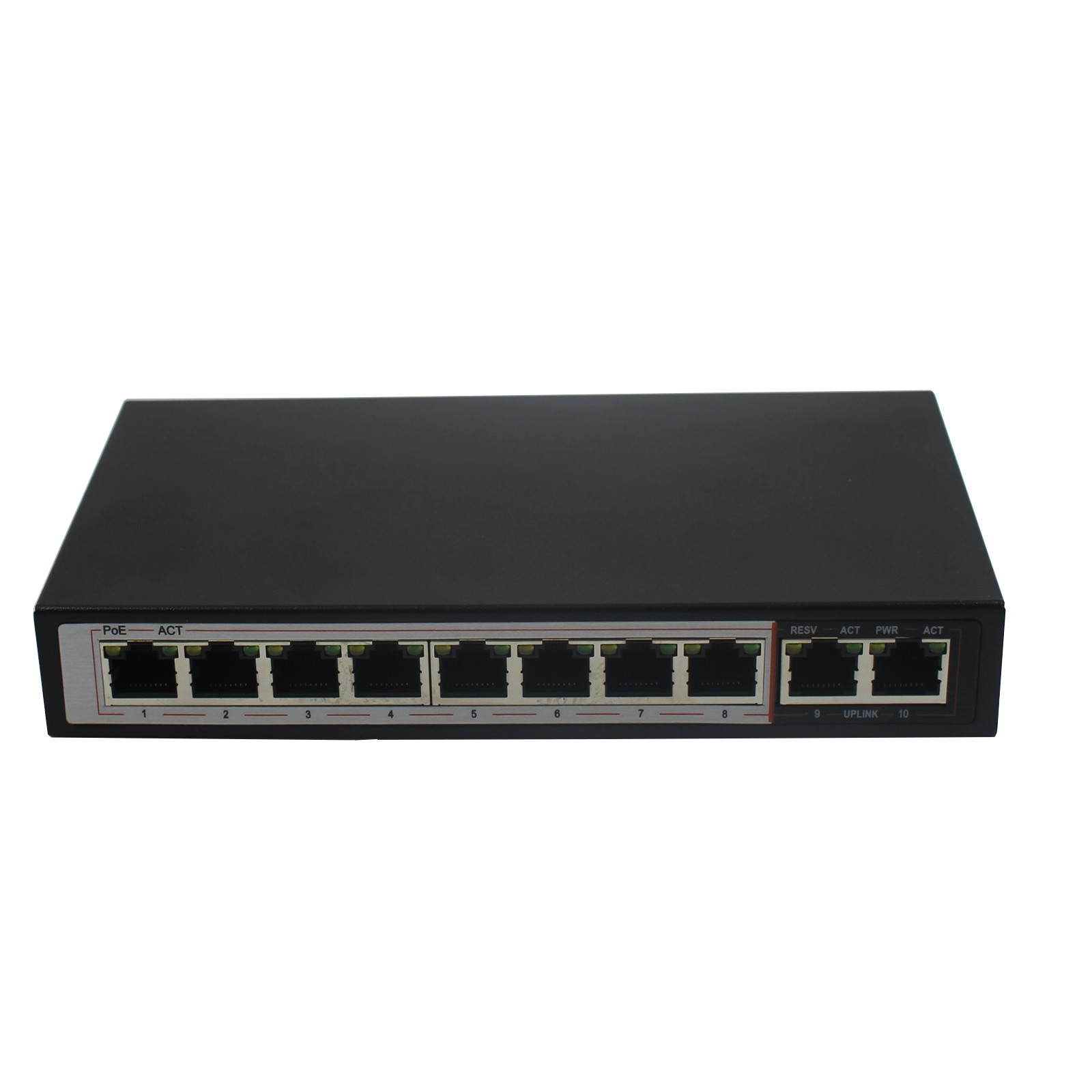 Schwarzer Netzwerk-Switch mit mehreren Anschlüssen. Zeigt Portnummern und Status-LEDs.