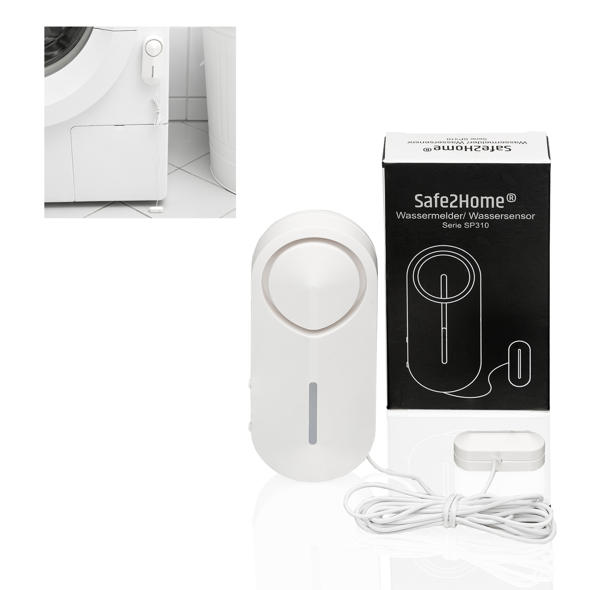 Weißer Wassersensor mit Box und angeschlossenem Gerät. Der Sensor befindet sich in der Nähe einer Waschmaschine.