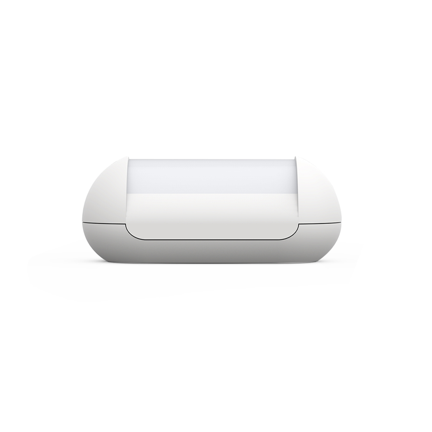 Weiße, kapselförmige Leuchte. Minimalistisches Design mit einer eingelassenen, hellen Lichtquelle.