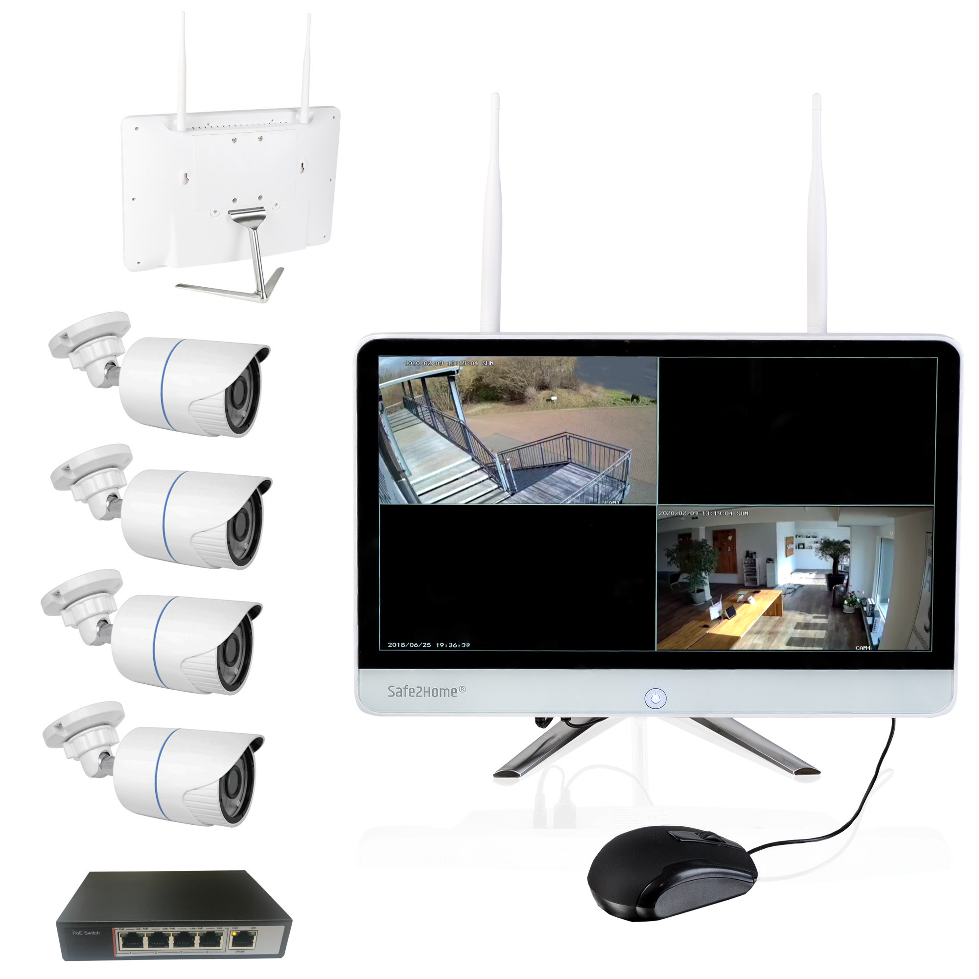 Ein Überwachungssystem mit Kameras, einem Monitor und einem Netzwerkswitch.
