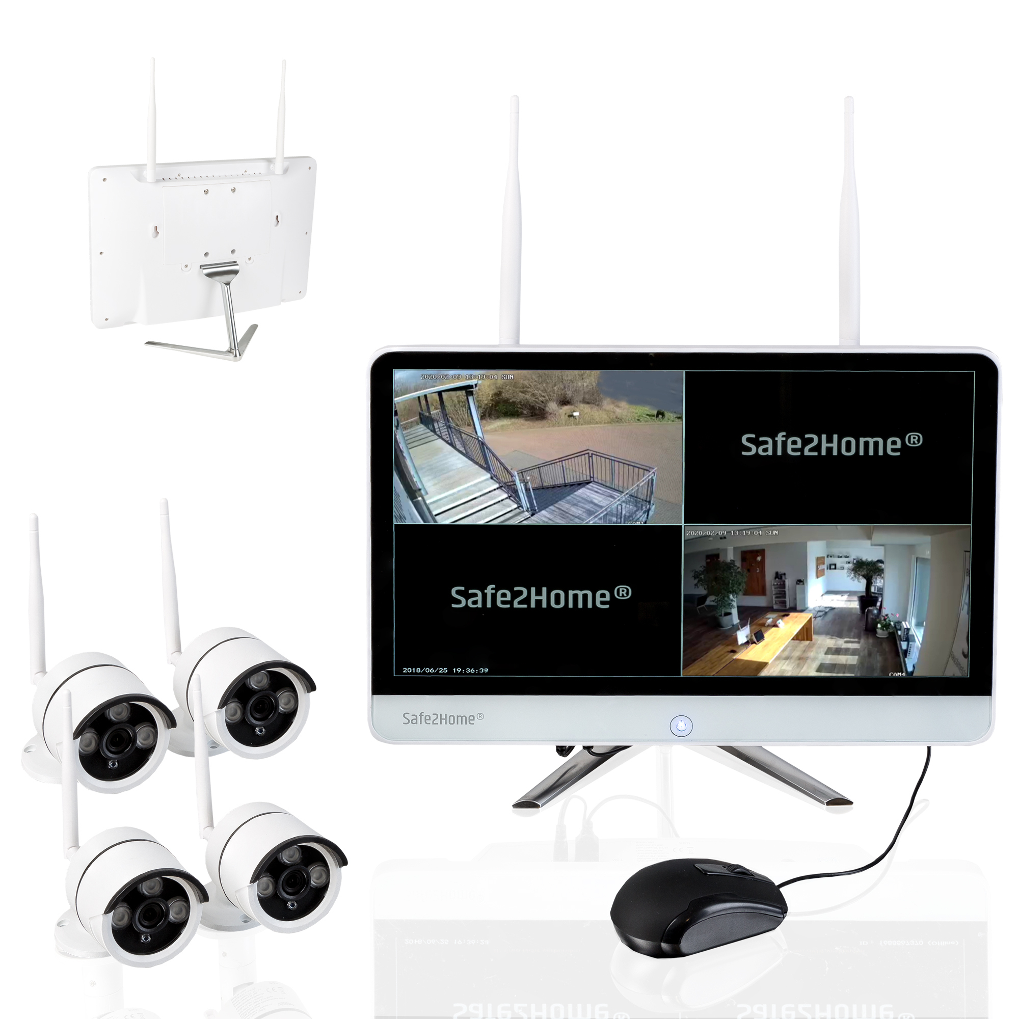 Sicherheitssystem-Setup. Monitor zeigt Kameraansichten. Kameras, eine Maus und andere Elemente sind sichtbar.