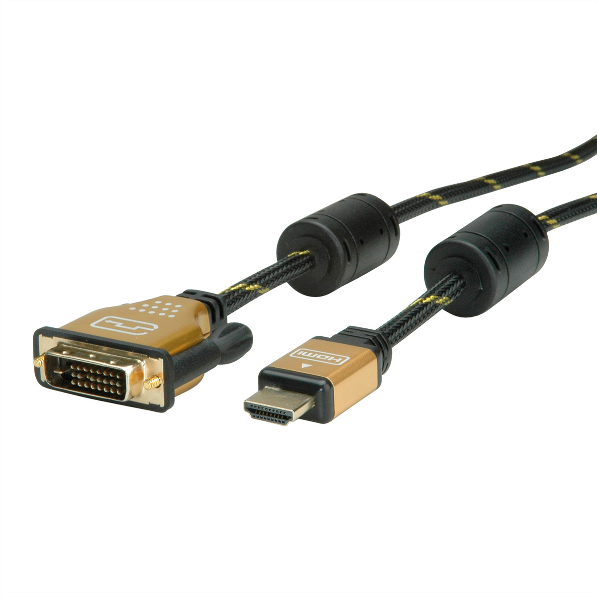 Złote i czarne złącza kabla HDMI do DVI, z czarnym kablem, białe tło.