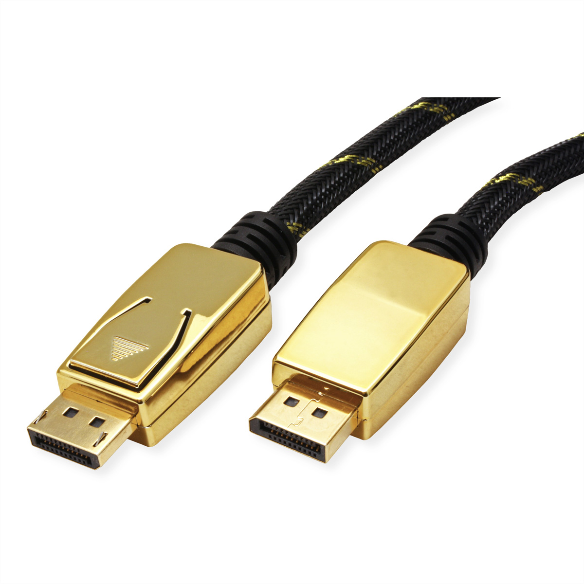 Gouden DisplayPort-kabel met gouden connectoren, schuin, met de stekkers tegen een witte achtergrond.