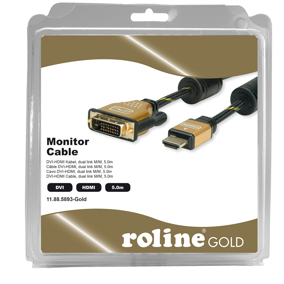 ST-ST, 5 GOLD DVI-HDMI, HDMI-DVI-Kabel, (24+1) dual Monitorkabel link, m ROLINE