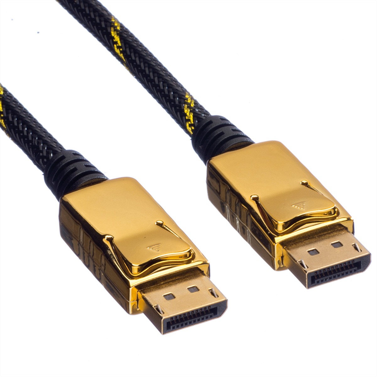 Deux câbles DisplayPort dorés avec des sections tressées noires et jaunes et des connecteurs dorés.