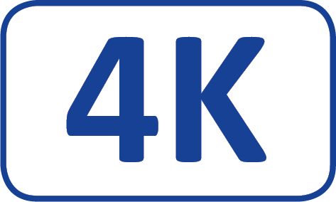 Niebieskie logo 4K na białym tle, wskazujące rozdzielczość ultra wysokiej rozdzielczości.