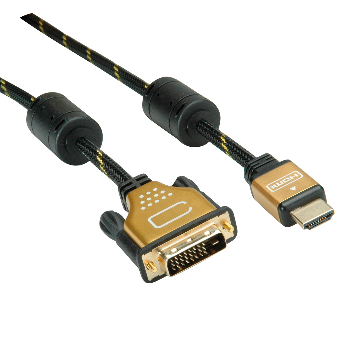 Kabel HDMI do DVI z czarnymi i złotymi złączami, na białym tle.