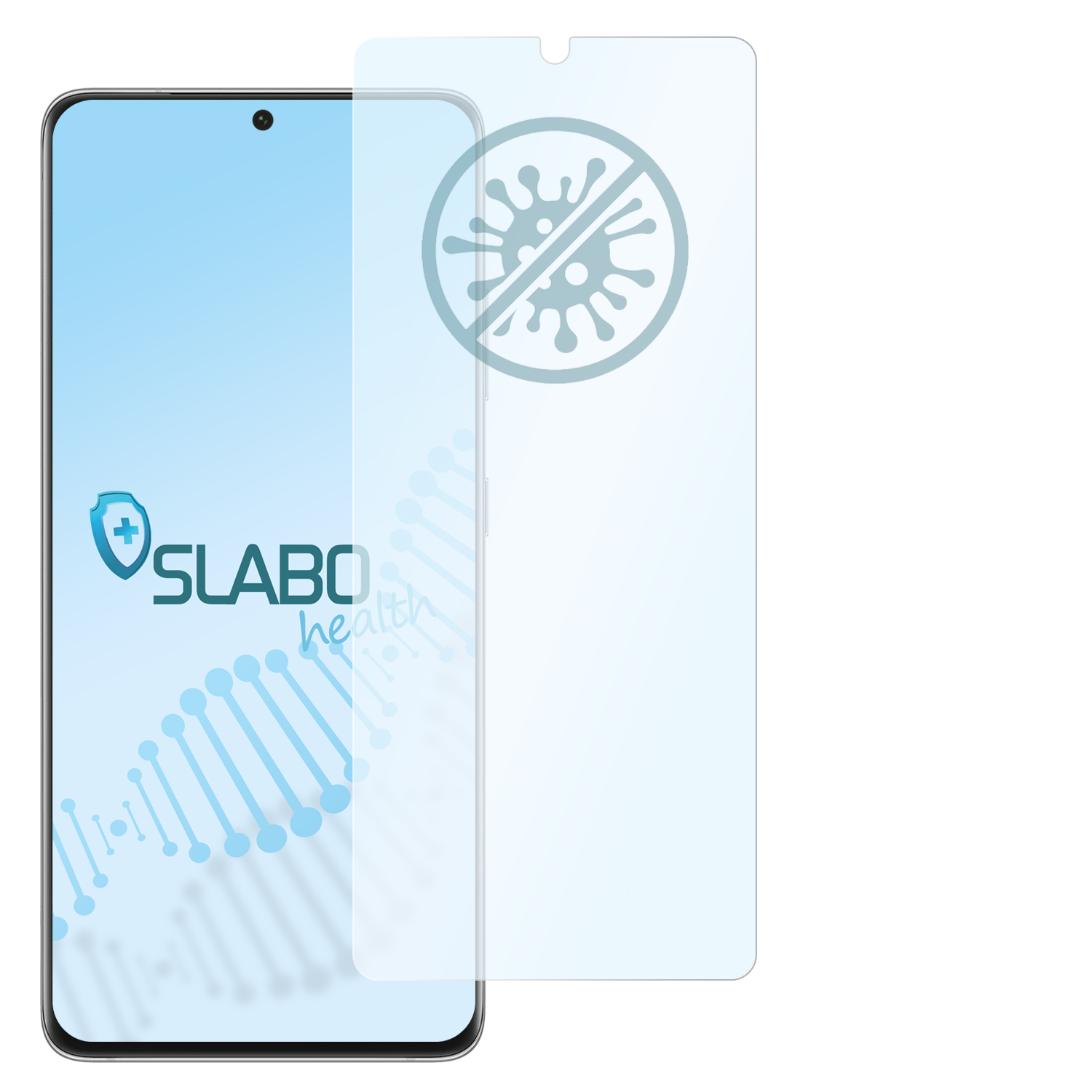 Telefon mit Displayschutzfolie. Der Schutz ist klar. Ein Logo mit einem Schild und Virus-Symbol ist vorhanden.
