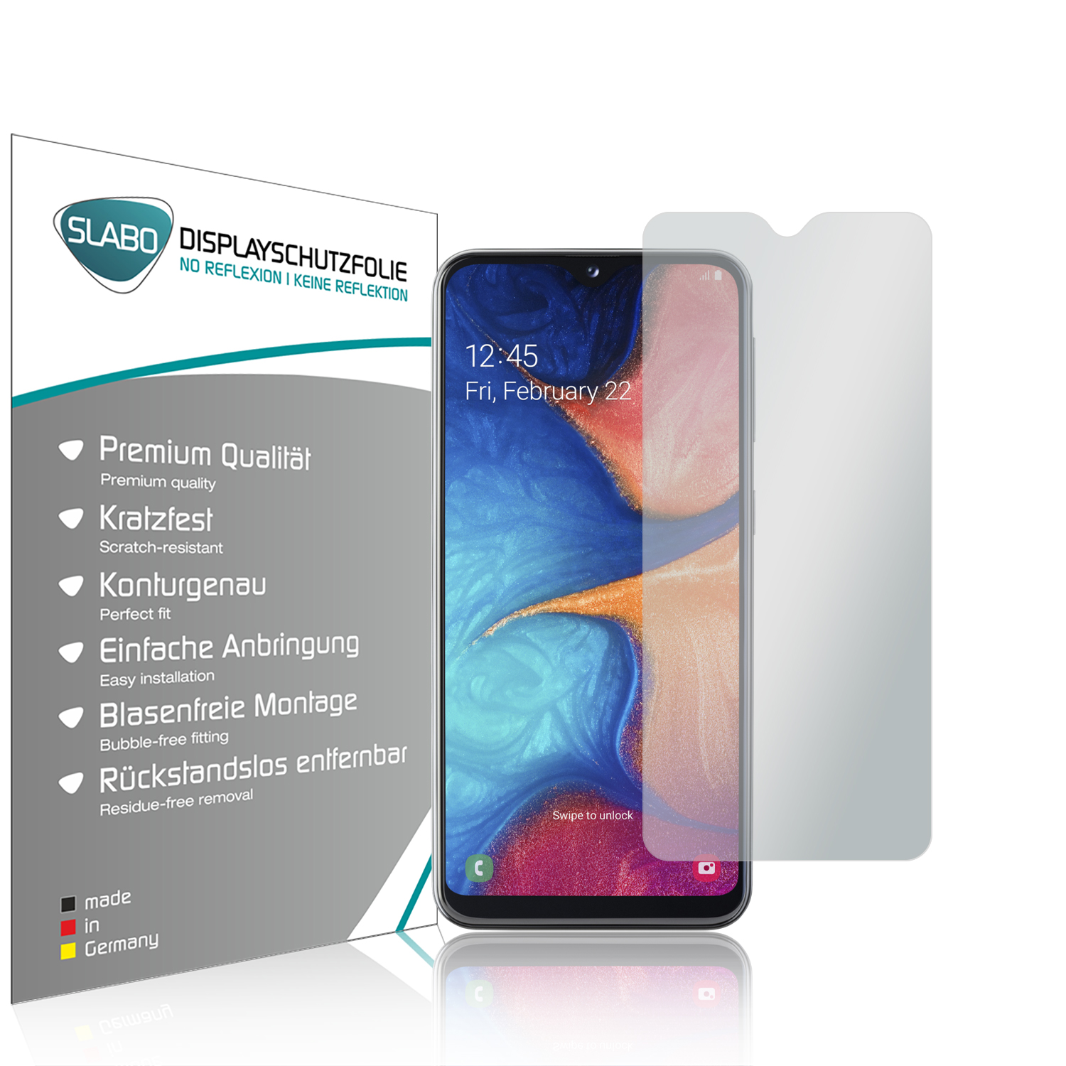 Smartphone mit Displayschutzfolie und Verpackung. Schutzfolie sagt 'Keine Reflexion' und 'Blasenfrei'.