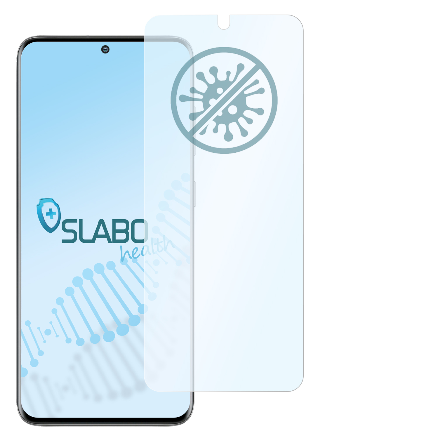Displayschutzfolie mit Logo und Virus-Symbol. Weißer Hintergrund, sichtbares Telefon.