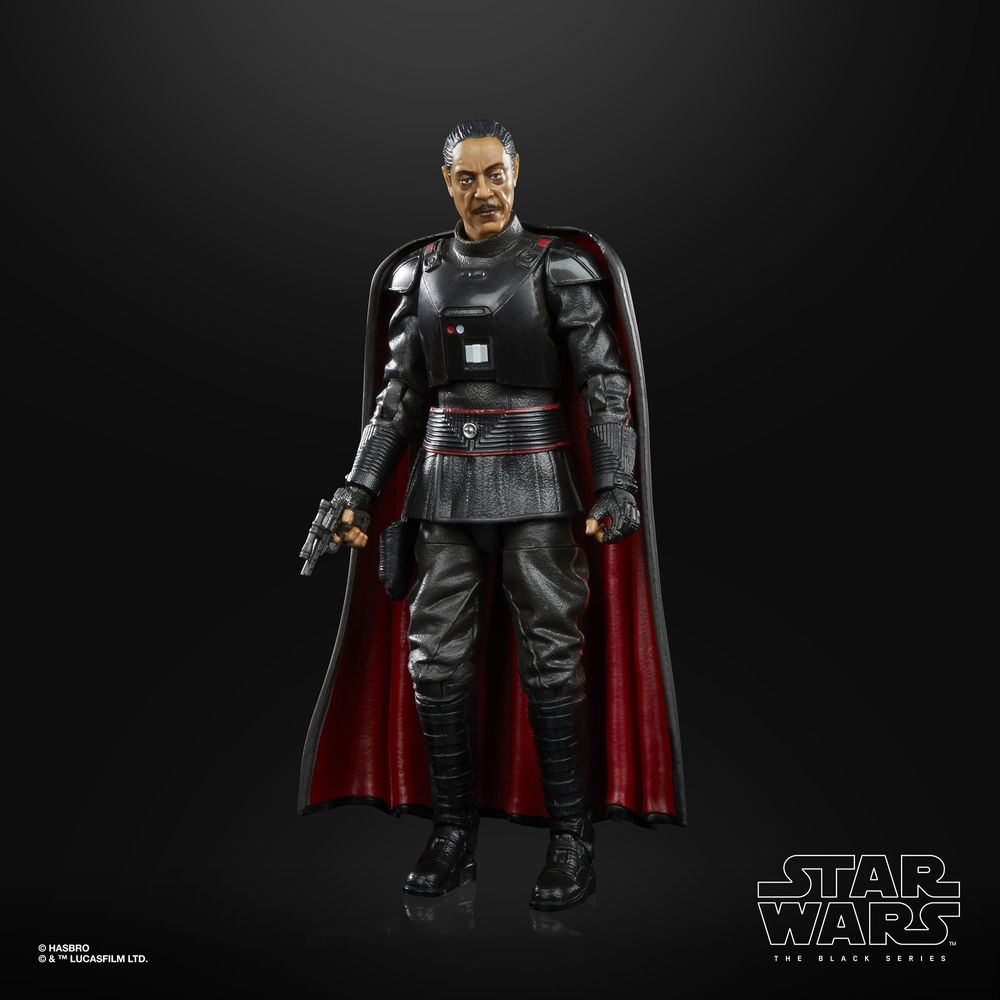 Star Wars-Actionfigur eines Mannes in schwarzer Uniform und rotem Umhang, mit Waffe.