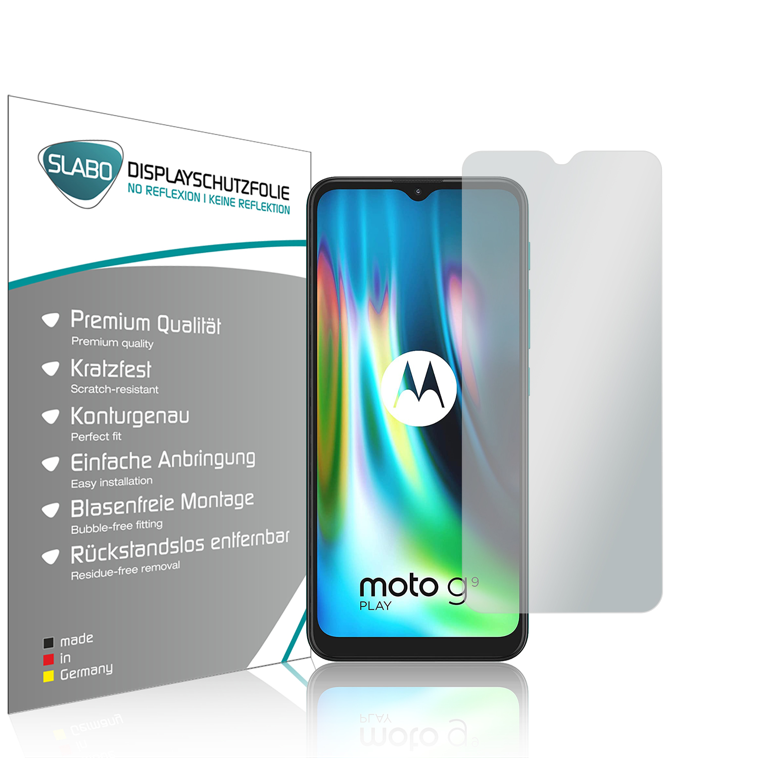 Ein Motorola-Handy-Displayschutz mit einem Handy. Die Verpackung ist links sichtbar.