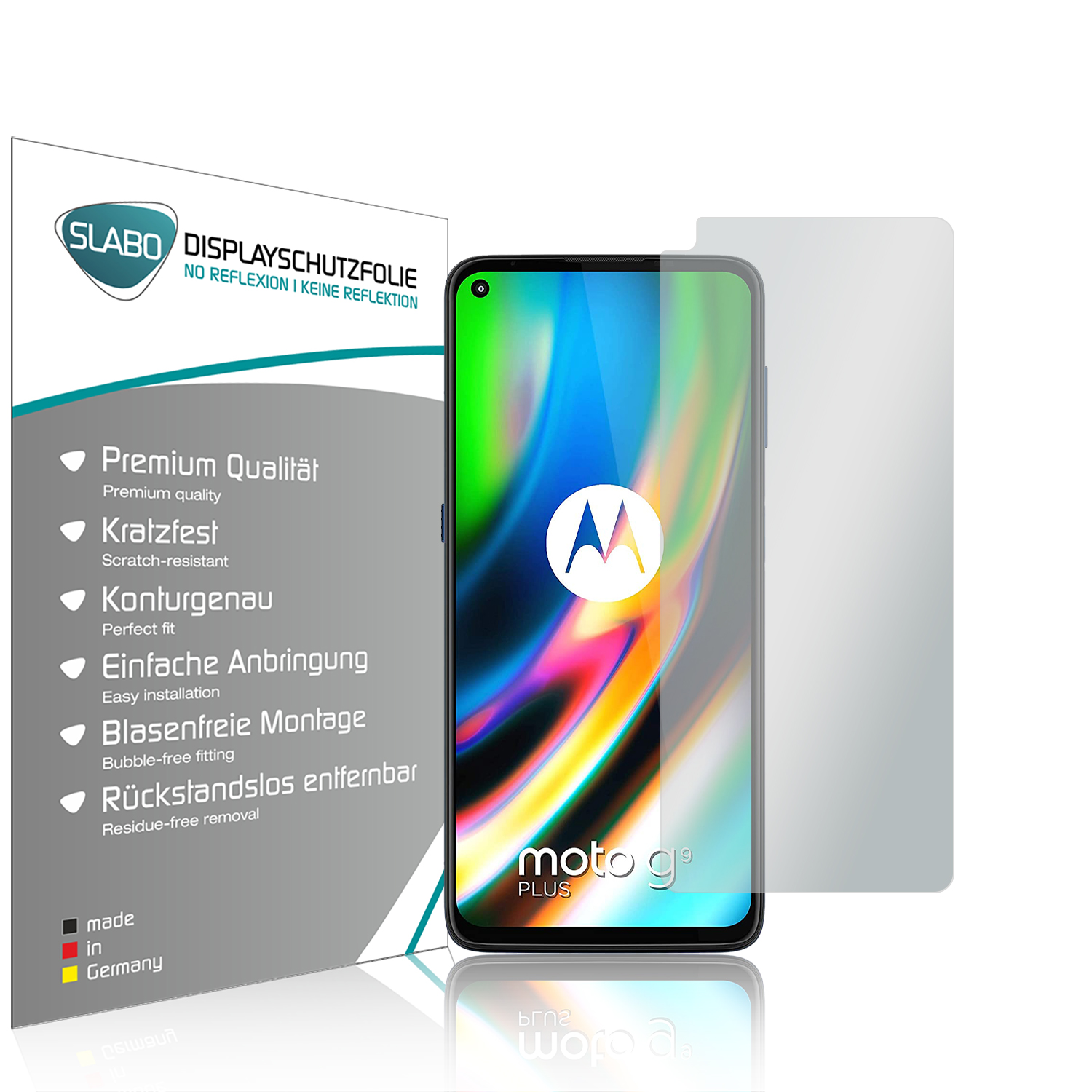 Displayschutzfolie mit einem Telefon. Der Schutz ist transparent, und das Telefon hat ein Motorola-Logo. Weiße Verpackung.