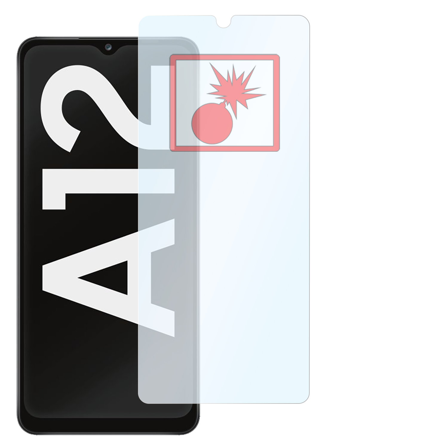 Ein schwarzes Telefon mit A12-Text und einem Displayschutz mit rotem Explosionssymbol.