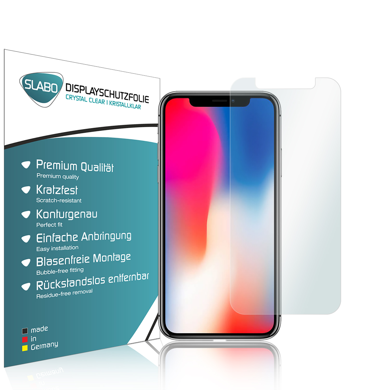 Ein Handy-Displayschutz und ein Handy. Die Verpackung befindet sich auf der linken Seite.