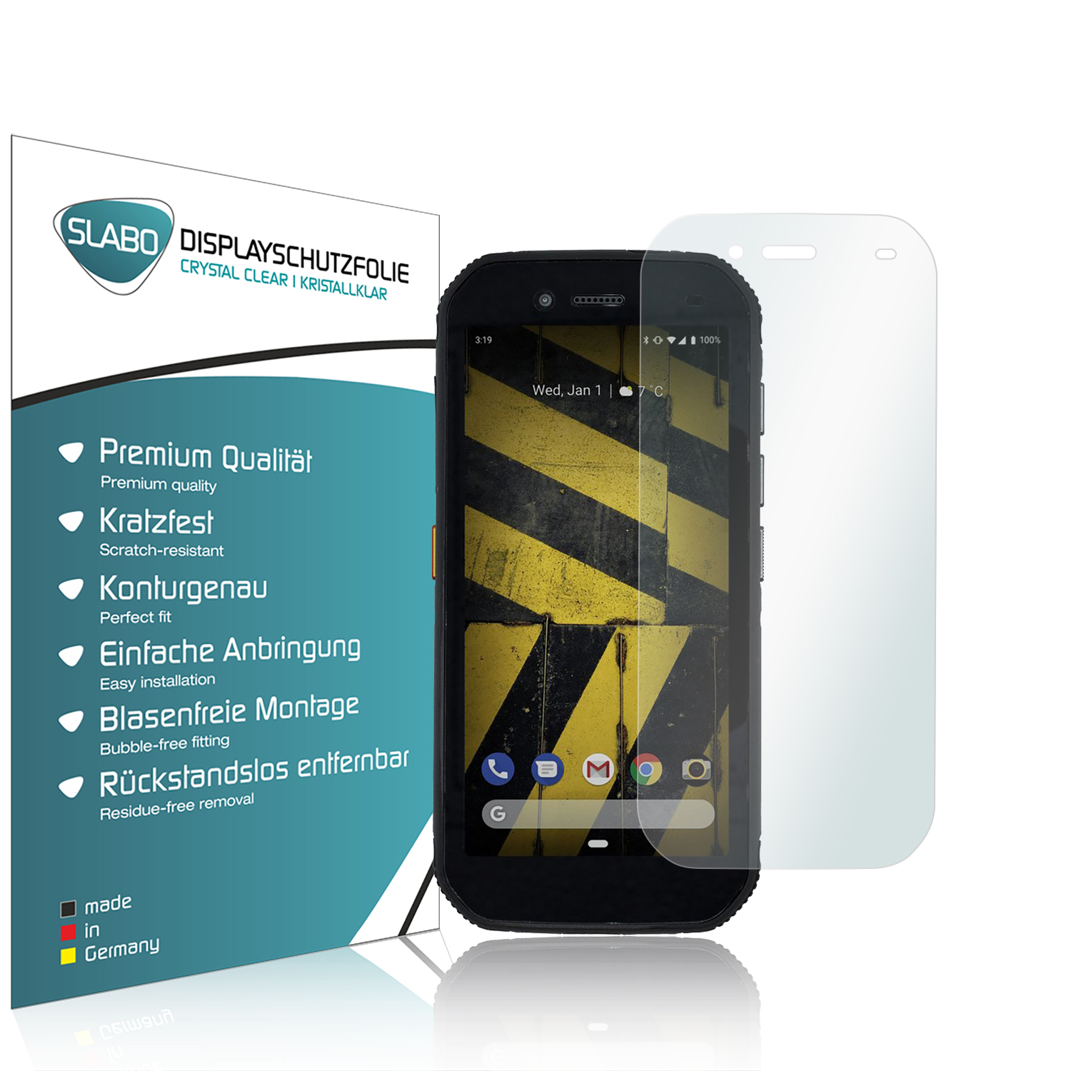 Telefon mit Displayschutzfolie und Box.