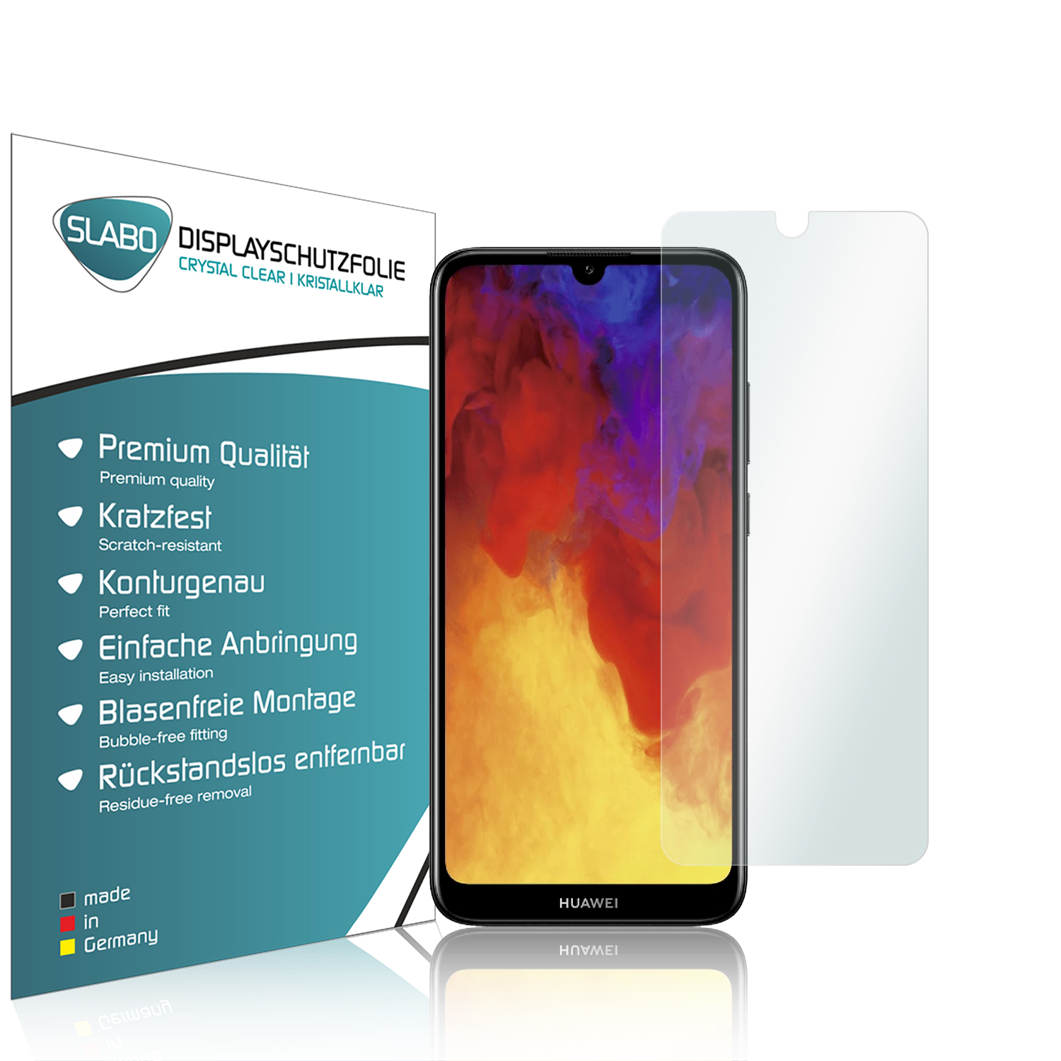 Telefon und Displayschutz, der ein Telefon mit angebrachtem Schutz und Text zeigt.