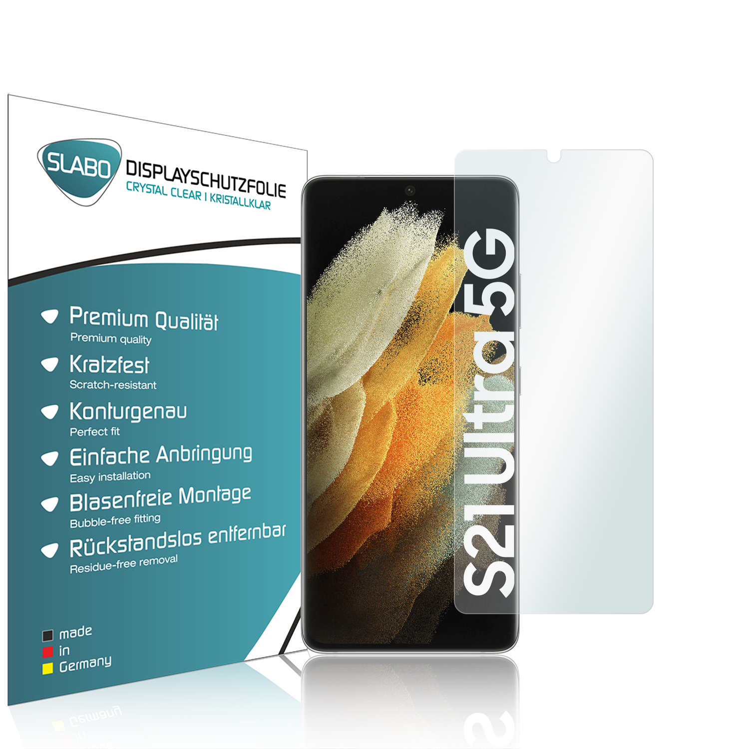 Displayschutzfolie für S21 Ultra 5G, mit Text und Telefonbild, auf weißem Hintergrund.