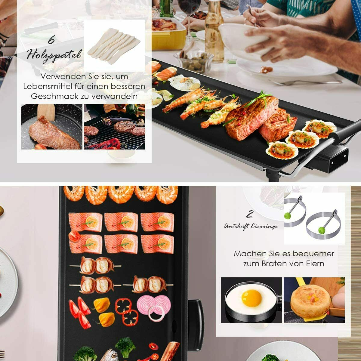 Collage des Kochens, einschließlich Grill mit Essen und Werkzeugen, und Zutaten.