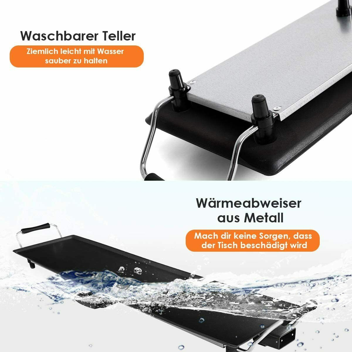 Ein Metallgrill mit schwarzem Sockel, mit Wasserspritzer und Textüberlagerung.