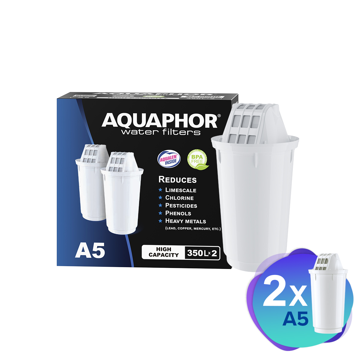Zwei weiße Wasserfilter-Ersatzteile mit einer Filterbox.