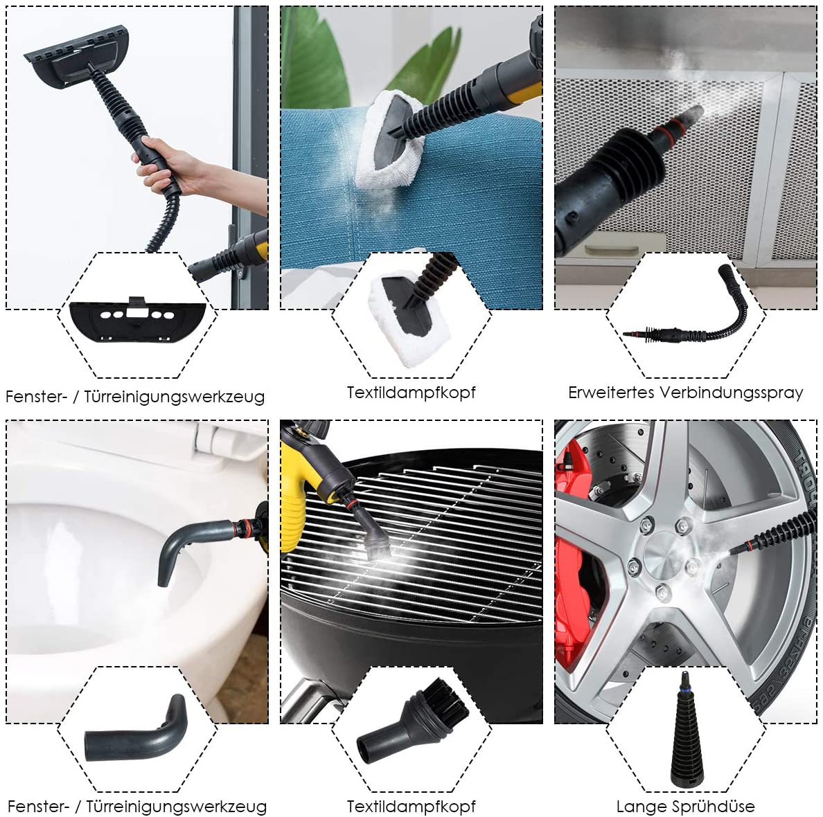 Collage von Reinigungsgeräten im Einsatz: Fenster, Stoff, Grill, Toilette und Autoreinigung.