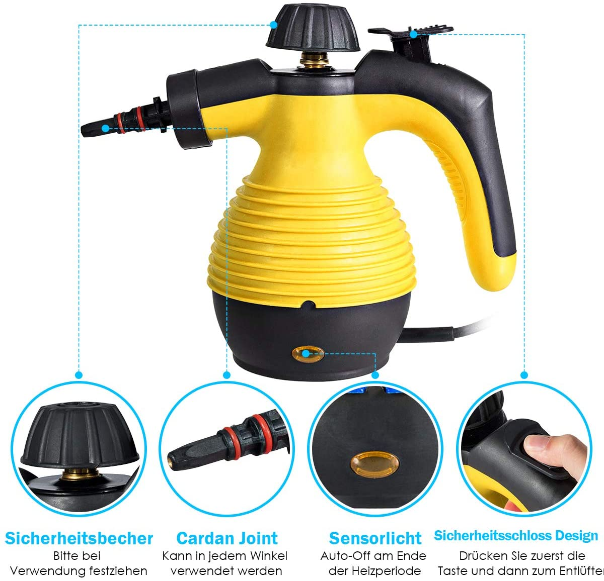 Gelb-schwarzer Dampfreiniger mit verschiedenen Detailkomponenten im Detail gezeigt.