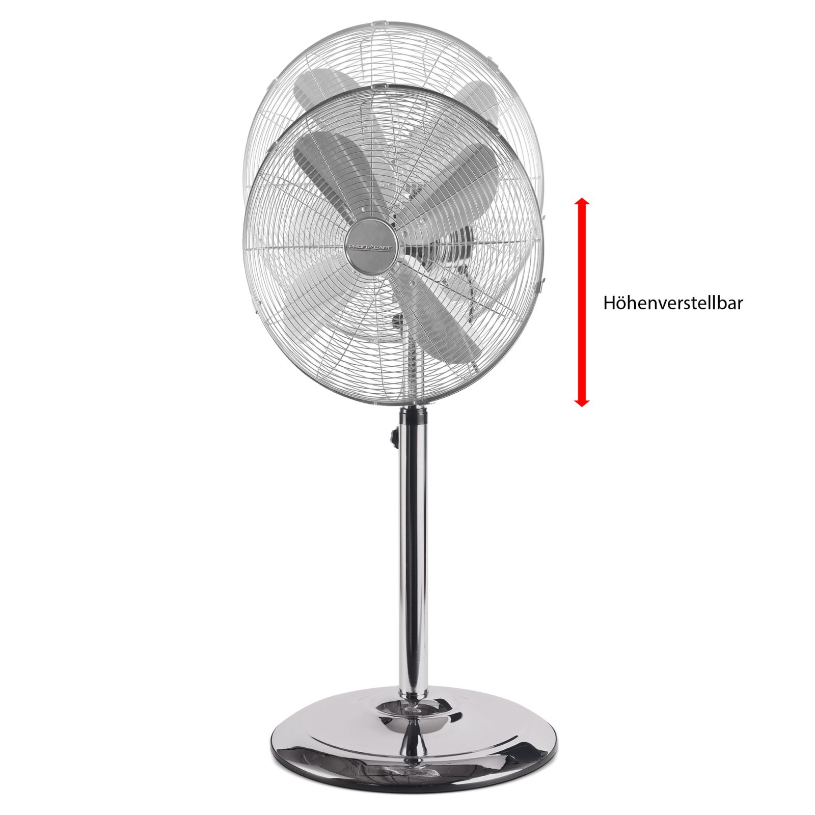 Chromowany wentylator z regulowaną wysokością na białym tle.