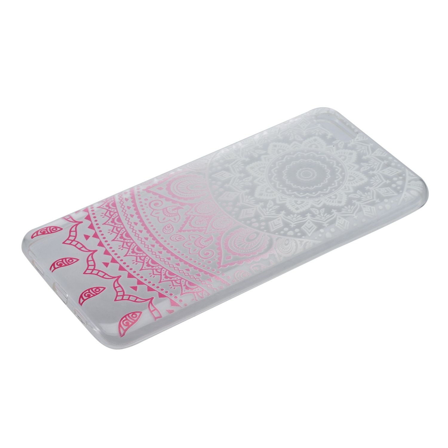 Handyhülle mit rosa-weißem Mandala-Design. Transparent, auf weißem Grund.