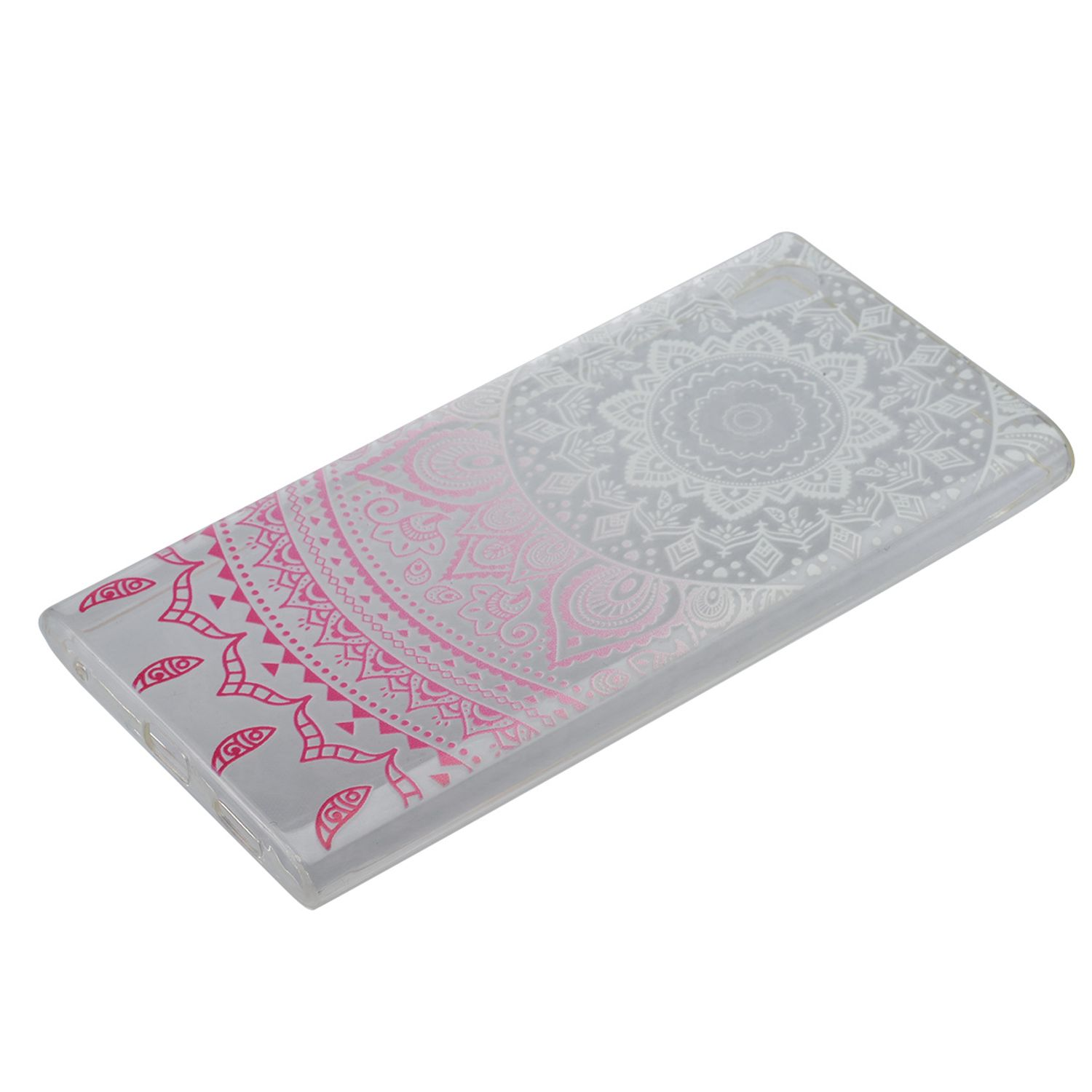 Eine Handyhülle mit einem weißen und rosa Mandala-Design. Die Hülle ist durchsichtig.