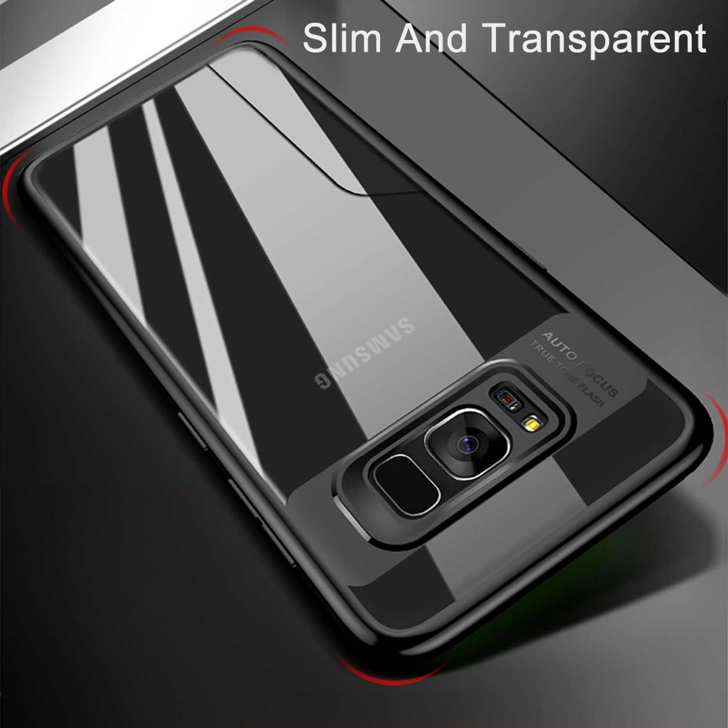 Schwarzes Telefon mit transparenter Hülle, reflektierende Oberfläche. Text 'Slim And Transparent'.