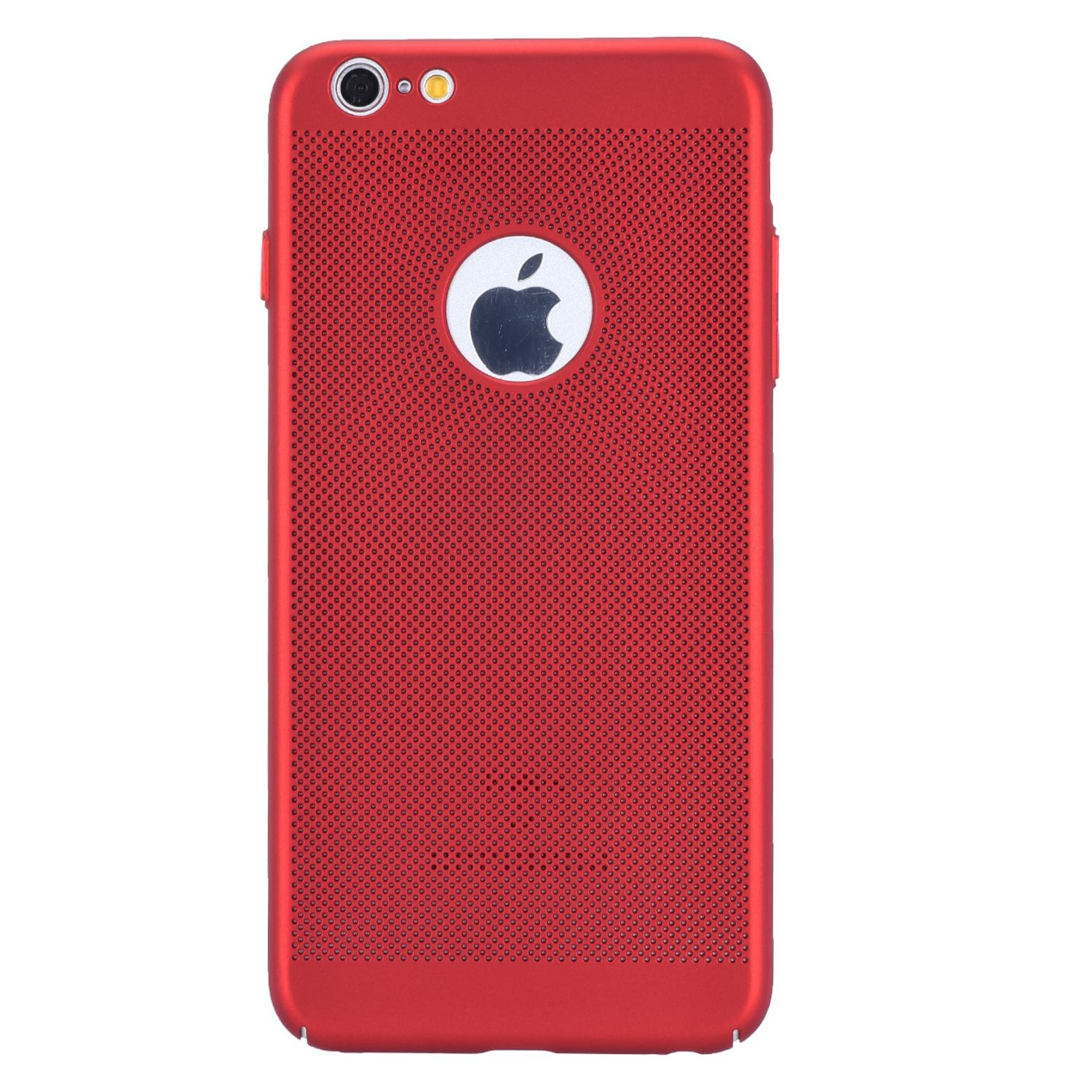 Eine rote Handyhülle mit perforierter Rückseite und dem Apple-Logo in der Mitte. Die Hülle liegt auf einer weißen Oberfläche.