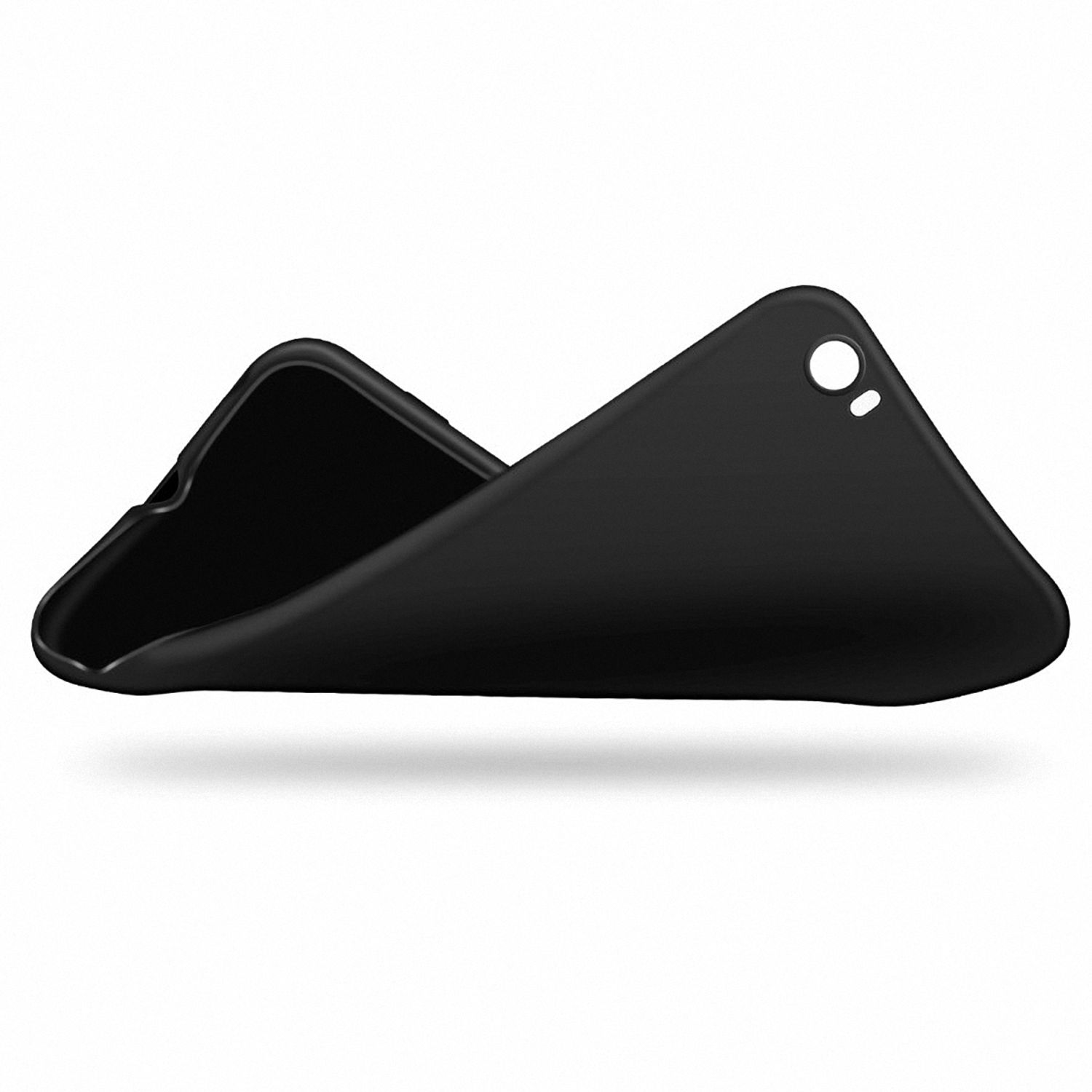 Eine schwarze Handyhülle. Die Hülle ist offen und gebogen, zeigt die Innenseite. Weißer Hintergrund.